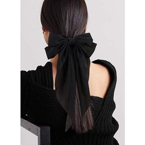 Silky Satin Hair Bows 2Pcs Big Hair Bows for Women Hair Ribbons Oversized Long Tail White Hair Bow Black Hair Bow Large Hair Ribbon Barrettes Metal Clips Bowknot Aesthetic Hair Accessories