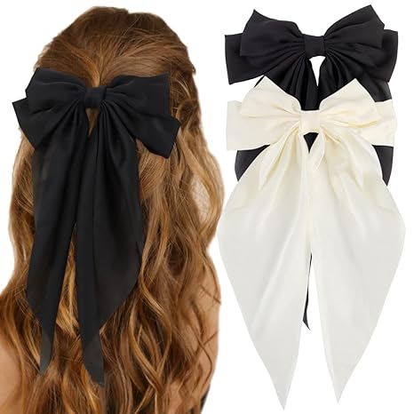 Silky Satin Hair Bows 2Pcs Big Hair Bows for Women Hair Ribbons Oversized Long Tail White Hair Bow Black Hair Bow Large Hair Ribbon Barrettes Metal Clips Bowknot Aesthetic Hair Accessories