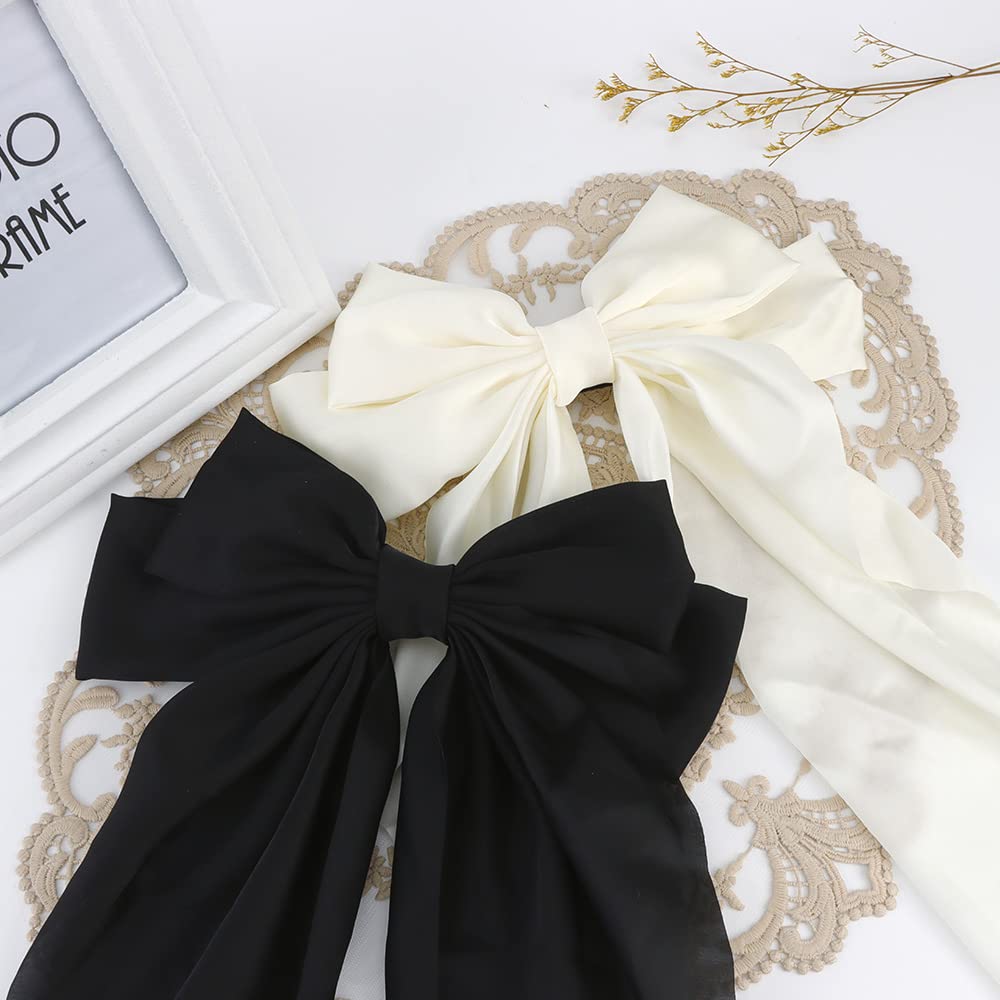 Silky Satin Hair Bows 2Pcs Big Hair Bows for Women Hair Ribbons Oversized Long Tail White Hair Bow Black Hair Bow Large Hair Ribbon Barrettes Metal Clips Bowknot Aesthetic Hair Accessories