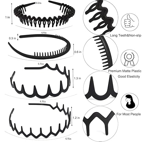 8 PCS Fashion No Slip Effortless Plastic Headbands with Teeth Comb Black Skinny Hair Accessories Bands for Women Men Teen Girls, Matte Black