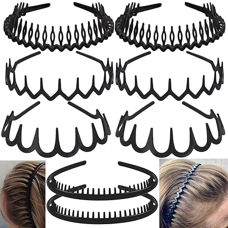 8 PCS Fashion No Slip Effortless Plastic Headbands with Teeth Comb Black Skinny Hair Accessories Bands for Women Men Teen Girls, Matte Black