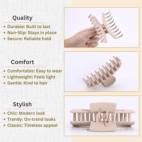 Hair Clips for Women 4.3 Inch Large Hair Claw Clips for Women Thin Thick Curly Hair, Big Matte Banana Clips,Strong Hold jaw clips,Neutral Colors