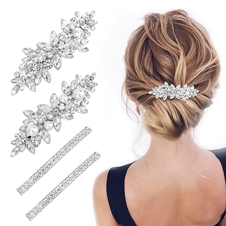 Hair Barrettes, 4 Pcs Rhinestone Hair Clips for Women - Hair Clip Barrettes with Rhinestones Crystal & Metal Alloy, Flower Hairpins for Women - Hair Accessories for Wedding, Party, Everyday